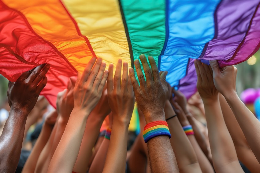 Auf einer Pride-Parade greifen viele Menschen in aus eine Menschenmenge heraus nach einer großen Regenbogenfahne